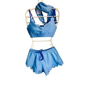 Shein Scalloped Royal Blue 3 piece bikini swimsuit shorts & top sz XS
